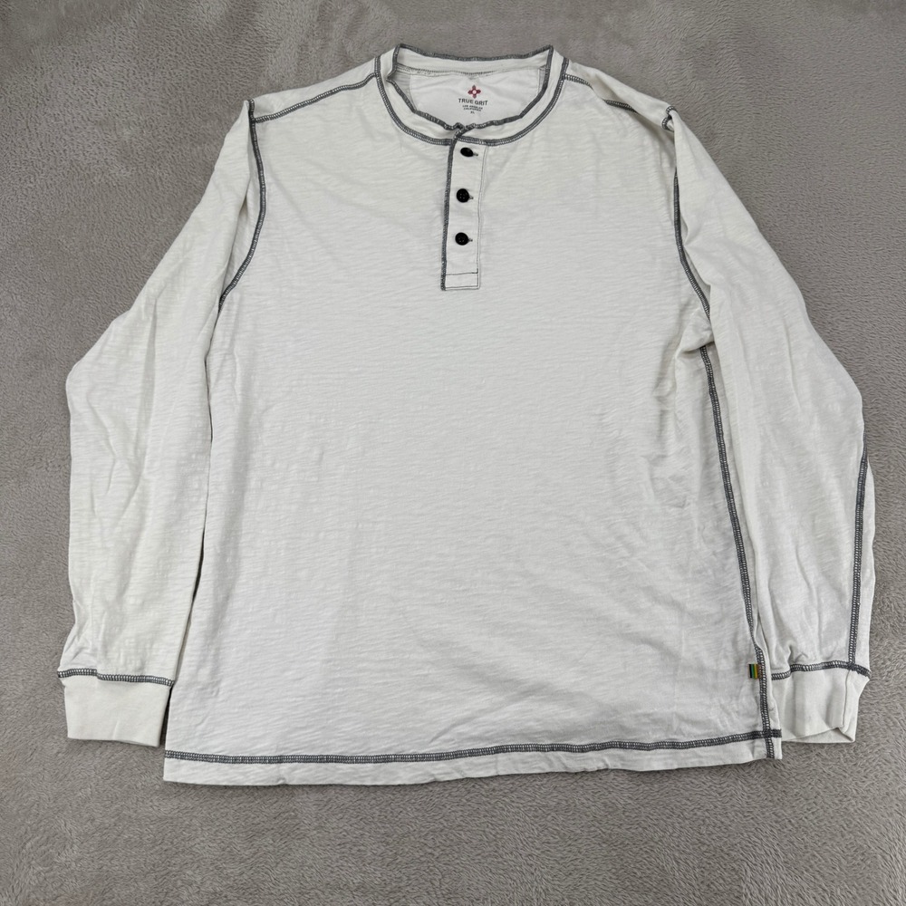True Grit Mens Henley Shirt XL White Preowned Long Sleeve Contrast Stitching